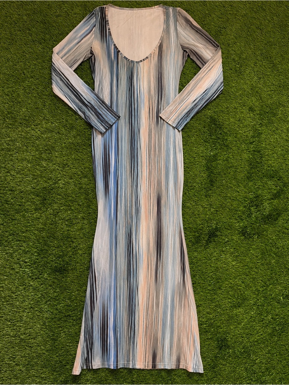 Women’s Abstract Watercolor Long Sleeve Maxi Dress Blue Grey Beige Medium